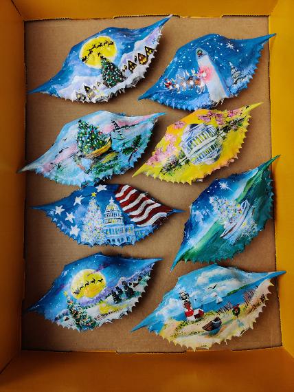 A variety of Painted Crabshell Christmas tree ornaments
